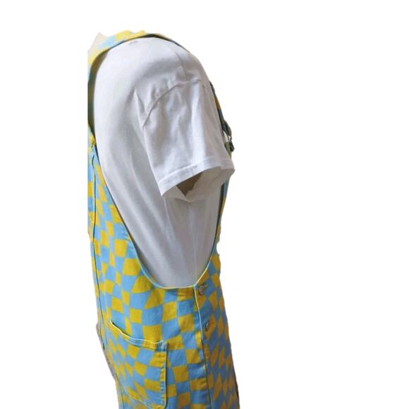 Forever 21 Denim Overall Dress Women Sz L Blue Yellow Check Stretch Mini Skirt - Picture 6 of 16